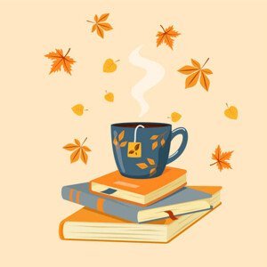 Ilustrace Vector autumn illustration of a cup of hot tea on books with falling autumn leaves., Irina Kuzmych, (40 x 40 cm)