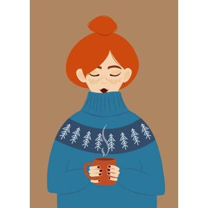 Ilustrace Girl in a warm sweater drinks a hot drink. Redhead girl with freckles in a huge cozy sweater holding a cup of hot chocolate., Kateryna Skria