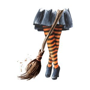 Ilustrace Halloween witch. Legs in striped stockings and Broom. Hand drawn watercolor illustration, isolated on white background, Daria Ustiugova, (30