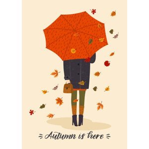 Ilustrace Autumn illustration with cute woman under umbrella. Vector design, Nadezda_Grapes, (30 x 40 cm)