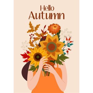 Ilustrace Autumn illustration with a cute girl and a bouquet of flowers. Vector flat design for card, poster, banner. Beautiful template., Taisiia Iar