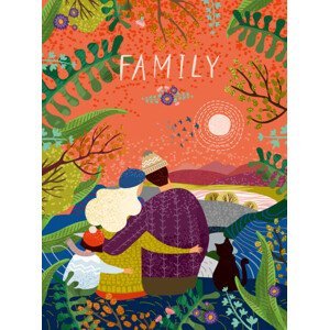 Ilustrace happy family, vector cute illustration of a loving family in nature outdoors, enjoying the sunset surrounded by flowers and plants; mother,