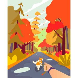 Ilustrace Simple cartoon people at autumn park. Walk the dog. Fall season and people leisure, outdoor theme. Walking with dog.Autumn landscape minimal