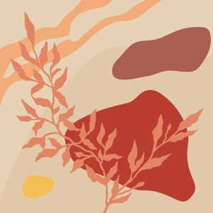 Ilustrace Abstract botanical background with shapes and lines in orange, red and beige colors. Concept vector art, Mariia Petrova, (40 x 40 cm)