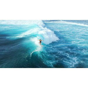 Umělecká fotografie Surfer woman riding on the blue ocean, graphixel, (40 x 22.5 cm)