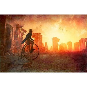 Umělecký tisk Man with retro bicycle riding past ancient ruins, gremlin, (40 x 26.7 cm)