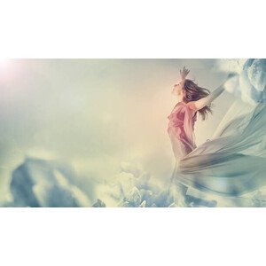 Umělecký tisk Beautiful woman jumping in a fantasy landscape, Melpomenem, (40 x 22.5 cm)
