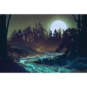 Umělecký tisk landscape with mysterious river,full moon over, Grandfailure, (40 x 26.7 cm)