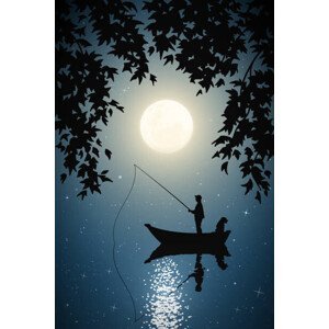 Umělecký tisk Fisherman in boat with dog on moonlight night, arvitalya, (26.7 x 40 cm)