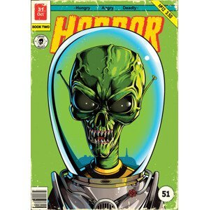 Umělecký tisk Green alien in spacesuit comic book poster, Man_Half-tube, (26.7 x 40 cm)