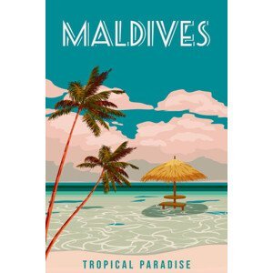 Ilustrace Travel poster Maldives tropical resort vintage, VectorUp, (26.7 x 40 cm)