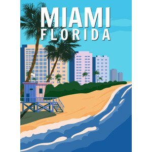 Ilustrace Miami Beach City Skyline, Retro Poster., VectorUp, (30 x 40 cm)
