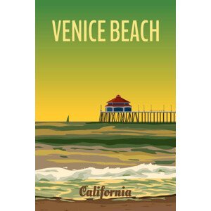 Ilustrace Retro California Venice Beach travel poster sunset, VectorUp, (26.7 x 40 cm)