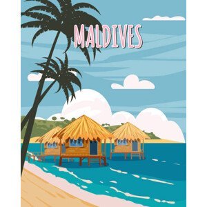 Ilustrace Maldives tropical resort poster vintage. Beach, VectorUp, (30 x 40 cm)