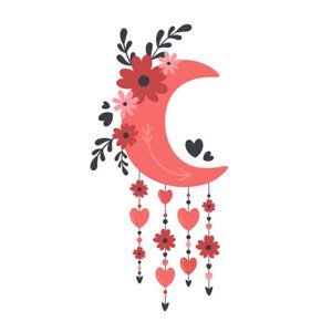 Ilustrace Moon with flowers, hearts, branches, leaves, Alina Kotliar, (30 x 40 cm)