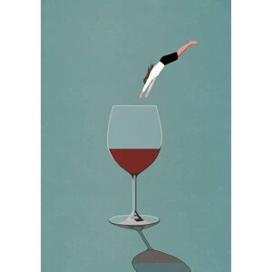 Ilustrace Businesswoman diving into large glass of wine, Malte Mueller, (26.7 x 40 cm)