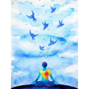 Ilustrace meditation human, flying birds in blue, Benjavisa, (30 x 40 cm)