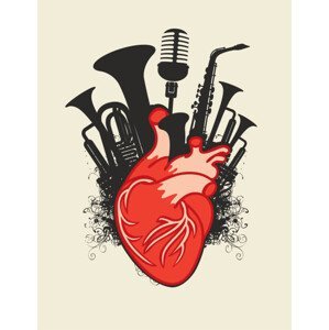 Umělecký tisk music poster with human heart and wind instruments, paseven, (30 x 40 cm)