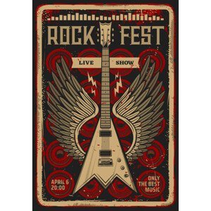 Umělecký tisk Rock guitar retro poster, music festival concert, seamartini, (26.7 x 40 cm)