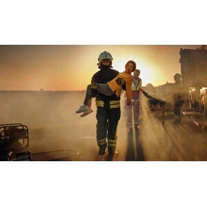 Umělecká fotografie Brave Firefighter Carries Injured Young Girl, gorodenkoff, (40 x 22.5 cm)