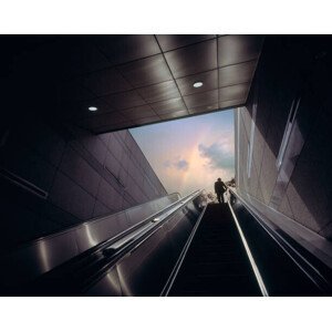 Umělecká fotografie Businessman on escalator moving towards sky, EschCollection, (40 x 30 cm)