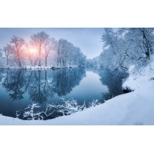 Umělecká fotografie Winter forest on the river at, den-belitsky, (40 x 24.6 cm)