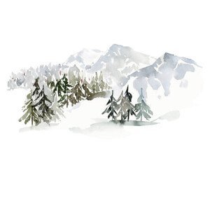 Ilustrace Christmas winter watercolor landscape with mountains, Karma15381, (40 x 26.7 cm)