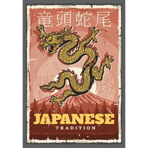 Umělecký tisk Japanese traditions, dragon and Fuji mount, seamartini, (26.7 x 40 cm)