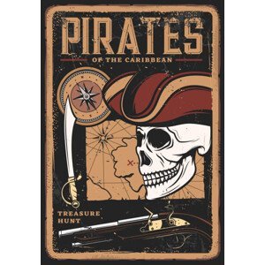 Umělecký tisk Pirates vintage poster, skull in hat, treasure map, seamartini, (26.7 x 40 cm)