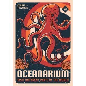 Umělecký tisk Octopus in oceanarium aquarium retro vector banner, seamartini, (26.7 x 40 cm)