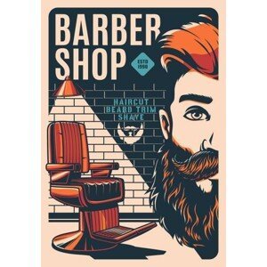 Umělecký tisk Barbershop retro poster, barber shop beard shaving, seamartini, (26.7 x 40 cm)