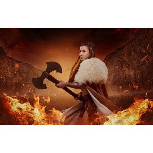 Umělecký tisk Viking inspired warrior female in a fire storm, Lorado, (40 x 26.7 cm)