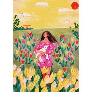 Ilustrace Woman in spring tulip field, Caroline Bonne Muller, (30 x 40 cm)