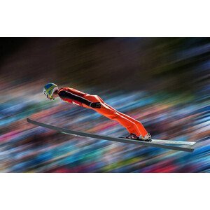 Umělecká fotografie Ski jumper in mid-air against blurred background, technotr, (40 x 26.7 cm)