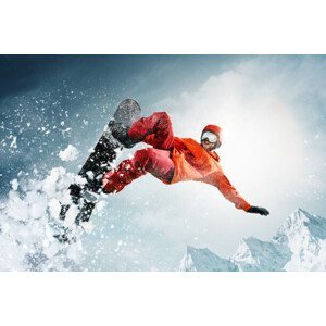 Umělecká fotografie Snowboarder jumping through air with deep, anton5146, (40 x 26.7 cm)