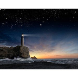 Umělecká fotografie Lighthouse beaming over rocky ocean waves, John M Lund Photography Inc, (40 x 30 cm)
