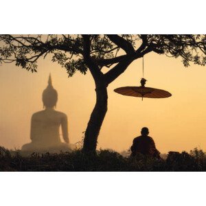 Umělecká fotografie Monk maditation with Big buddha of, Chadchai Ra-ngubpai, (40 x 26.7 cm)
