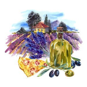 Ilustrace Watercolor landscape with bloominglavender, olive, princessmaro, (40 x 40 cm)