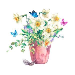 Ilustrace Watercolor Garden Spring bouquet in flower pots, princessmaro, (40 x 40 cm)