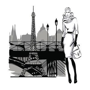 Ilustrace Fashion model fall winter with Paris, glafira, (35 x 40 cm)