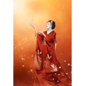 Umělecký tisk Geisha in long red kimono catching a cherry blosso, Coneyl Jay, (26.7 x 40 cm)