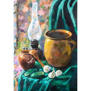 Ilustrace still life with ceramic pots and kerosene lamp, VvoeVale, (26.7 x 40 cm)