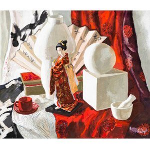 Ilustrace still life with Japanese doll, geometric shapes, VvoeVale, (40 x 35 cm)