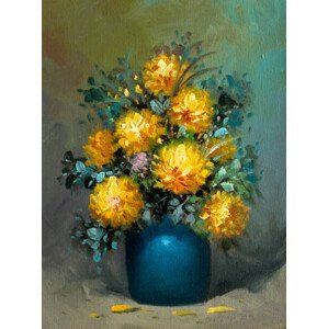 Ilustrace Chrysanthemum Bouquet in Blue Vase Oil Painting, Dan Totilca, (30 x 40 cm)