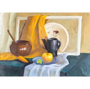 Ilustrace still life with pot, kettle, carrot and apples, VvoeVale, (40 x 30 cm)