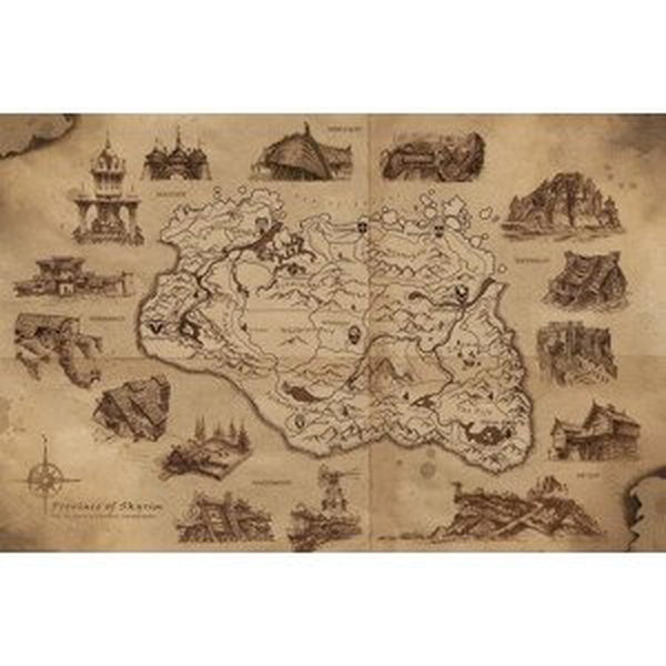 Plakát, Obraz - The Elder Scrolls V: Skyrim - Illustrated Map, (91.5 x 61 cm)
