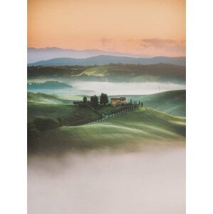 Umělecká fotografie Tuscany sunrise landscape view of green, serts, (30 x 40 cm)