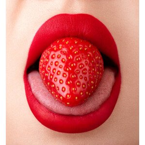 Fotografie Woman mouth extreme close-up. Strawberry on, Andrei Ureche, (35 x 40 cm)