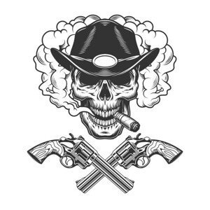 Ilustrace Skull smoking cigar in sheriff hat, dgim-studio, 40x40 cm