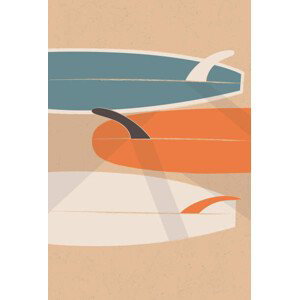 Ilustrace Vintage Old-school Longboard Surfboards on the, LucidSurf, 26.7x40 cm